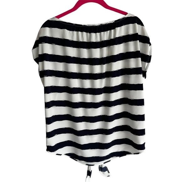 ANN TAYLOR White and Navy Striped Nautical Style Ladies Summer Top, L - Picture 2 of 5